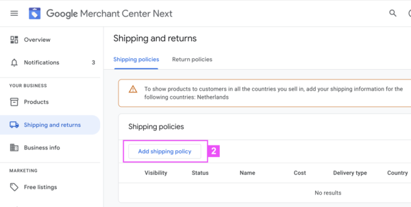 Click on `Add shipping policy`.