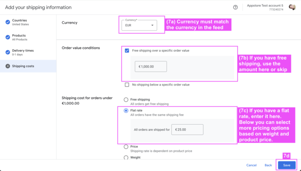 Select the `currency`, it **must** match the currency of the feed. Then add `order value conditions` if applicable. And finally add `flat rate` or other conditions based on weight or price. You can also add weight or price tables below. Click `Save`.