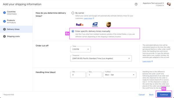 Select `Enter delivery times manually`. Then enter the delivery times and handling for your business. They must match what you promise on the website.