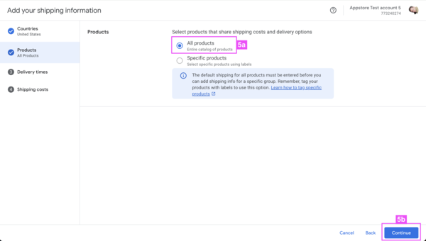 Select `All products`. If you have `shipping labels` setup, you can select `Specific products`, but we follow _all producucts_ example. Then click continue. 